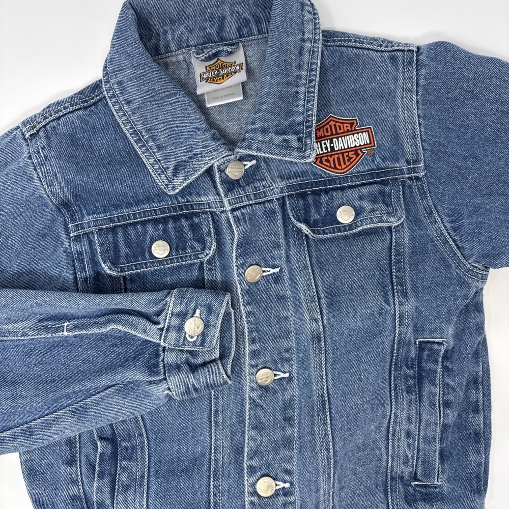 Harley-Davidson Kids Blue Denim Trucker Jacket Embroidered Biker 8/10 Wash